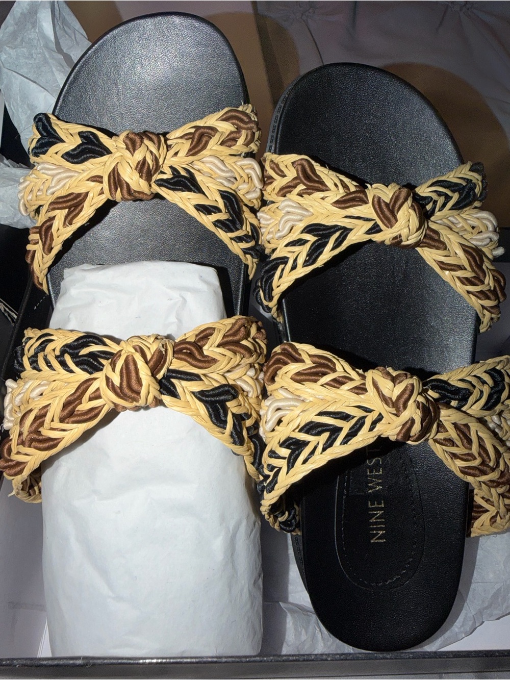 Nine West Braided Double-Strap Slides in Black, Tan & Cream